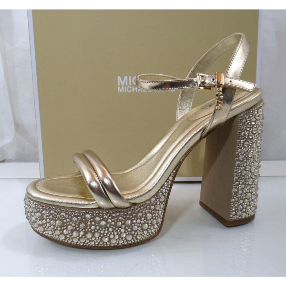 Michael Kors Laci Embellished Metallic Leather Platform Sandal Pale Gold Size 8 - Picture 2 of 10